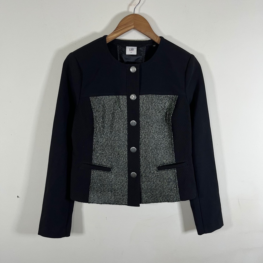 Cabi Metallic Tweed Textured Panel Media Jacket Snap Up Black Green Fitted Small